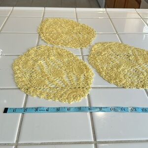 Hand made crochet doilies 11” long yellow. Set of 3